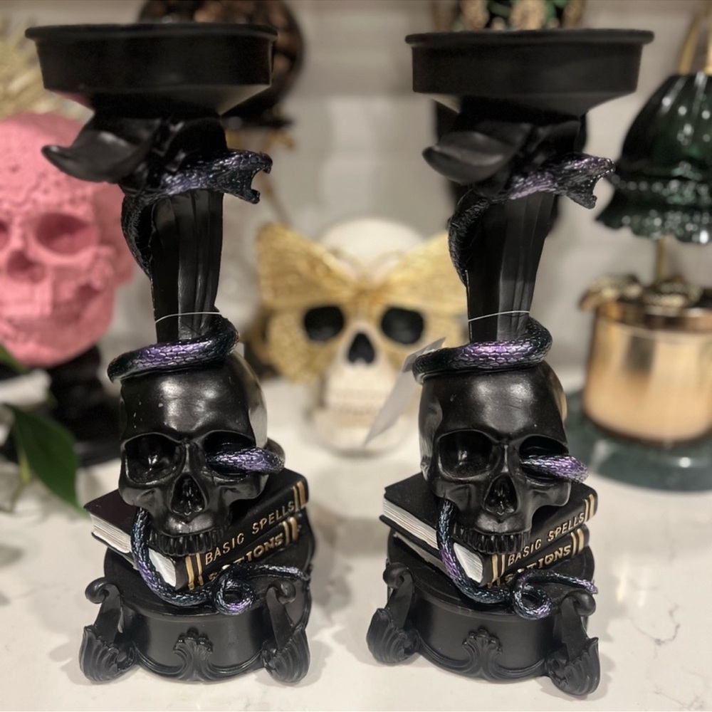 New Spooky Halloween Large Black Skull Spells Snake Candle Holder Decor Set of 2 - Picture 3 of 8